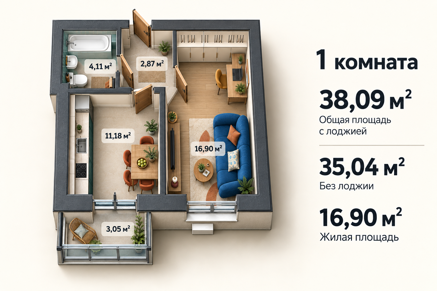 Планировка: 1-комнатная квартира, 38,09 м²