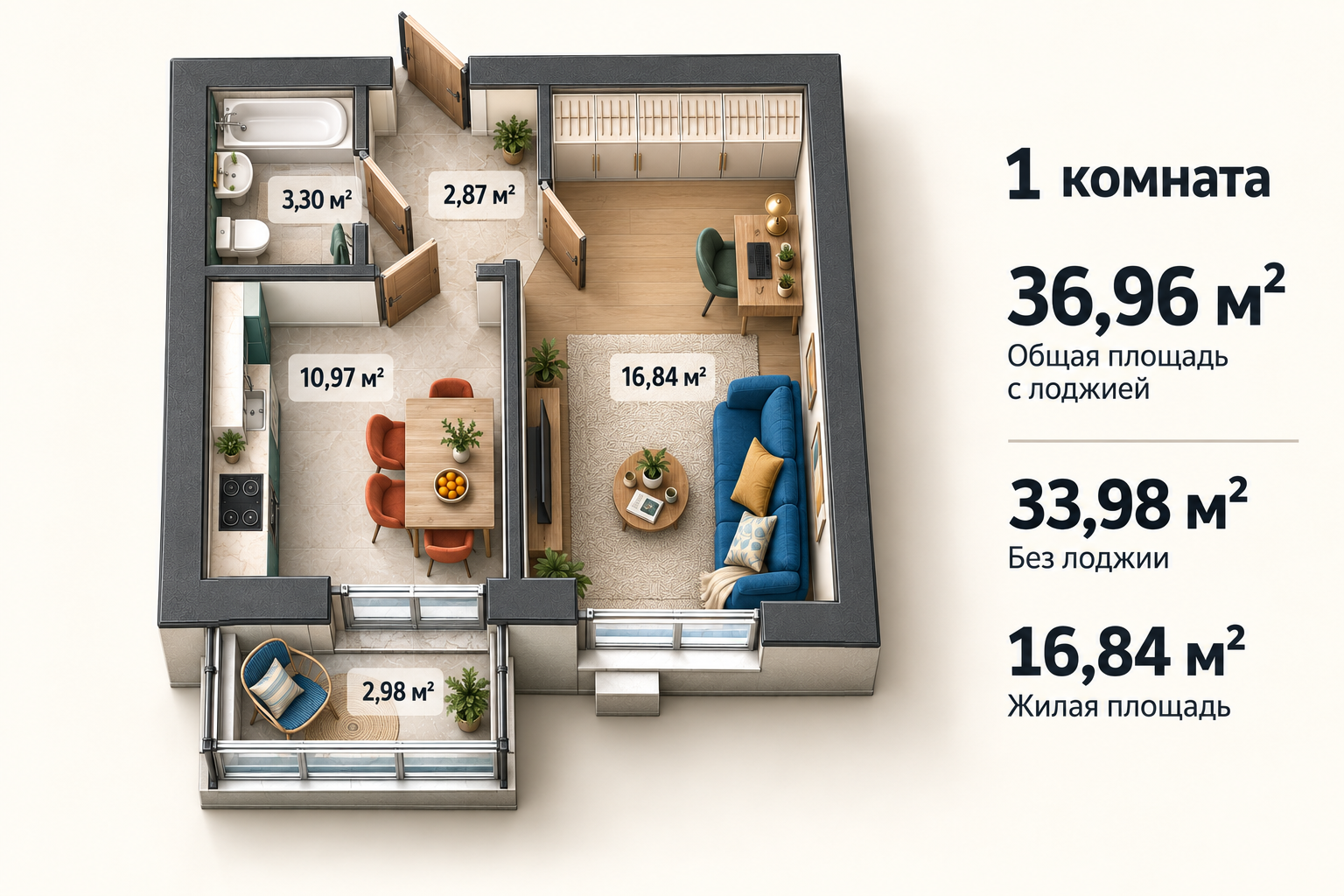 Планировка: 1-комнатная квартира, 36,96 м²