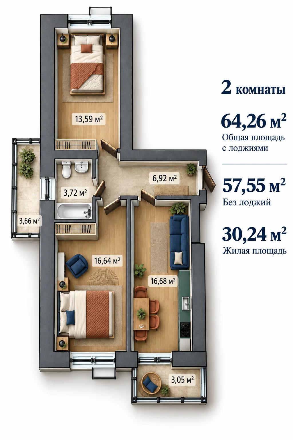 Планировка: 2-комнатная квартира, 64,26 м²